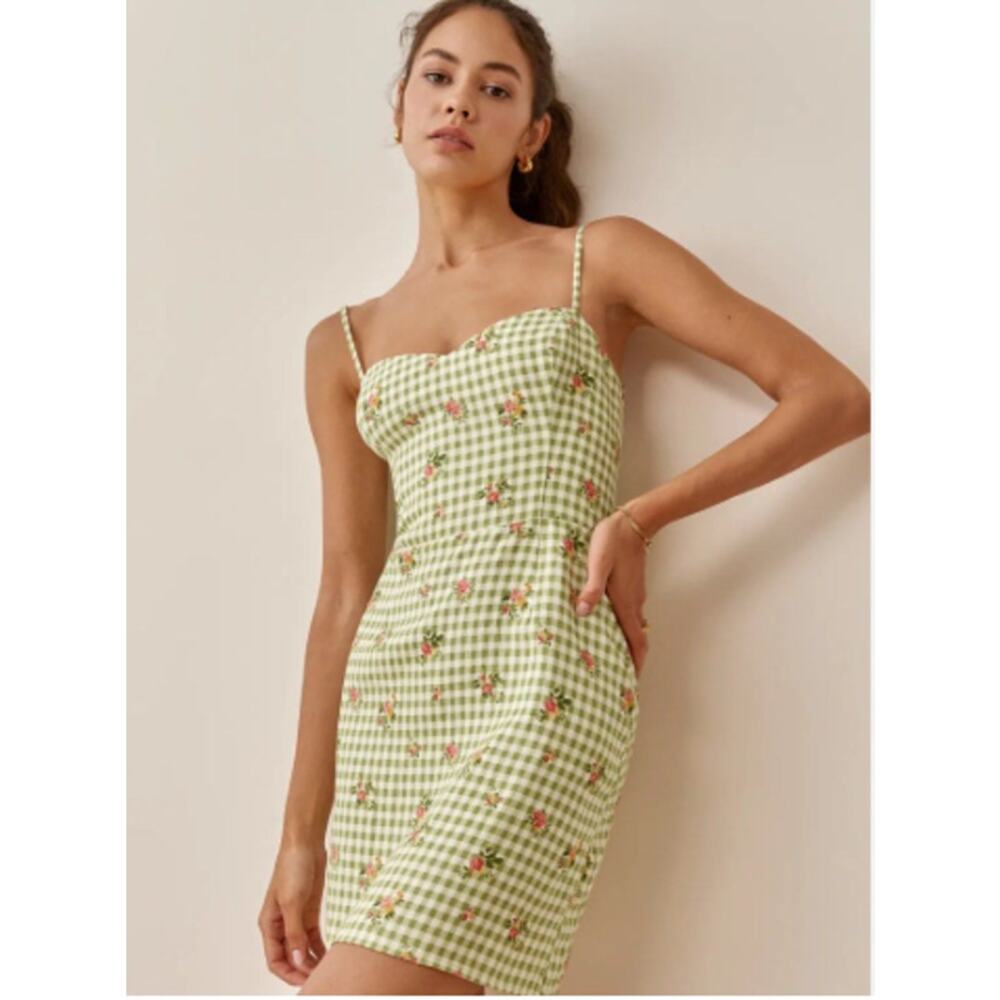 Reformation Roarke Floral‎ Check Mini Sun Dress Green Gingham Sweetheart Linen 2